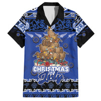 Personalised New Zealand July Christmas Family Matching Off Shoulder Short Dress and Hawaiian Shirt Maori Kiwi Xmas Tree - Blue