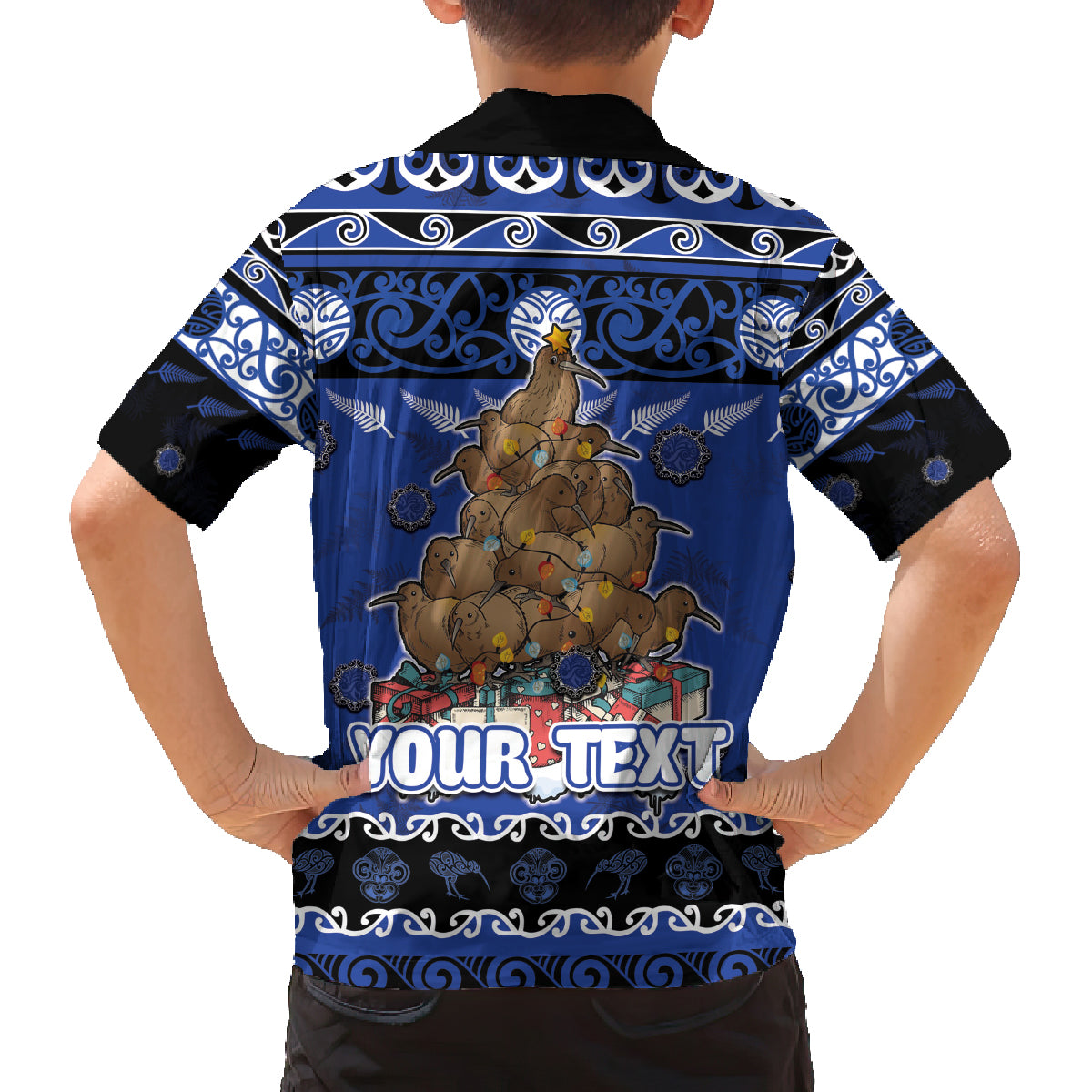 Personalised New Zealand July Christmas Family Matching Puletasi and Hawaiian Shirt Maori Kiwi Xmas Tree - Blue