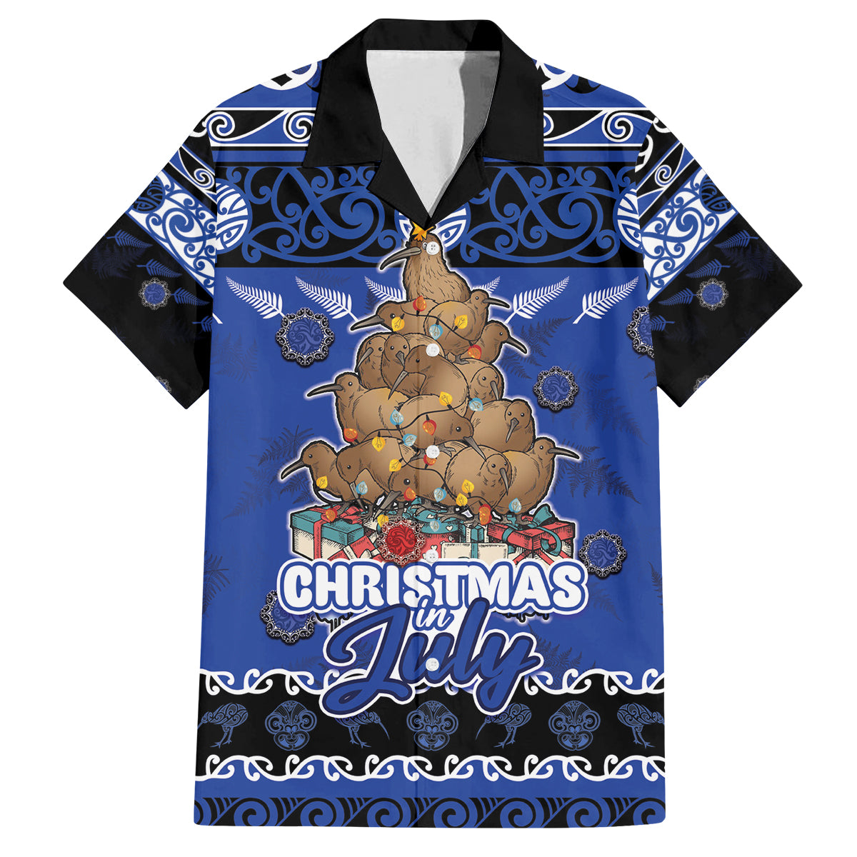 Personalised New Zealand July Christmas Family Matching Puletasi and Hawaiian Shirt Maori Kiwi Xmas Tree - Blue