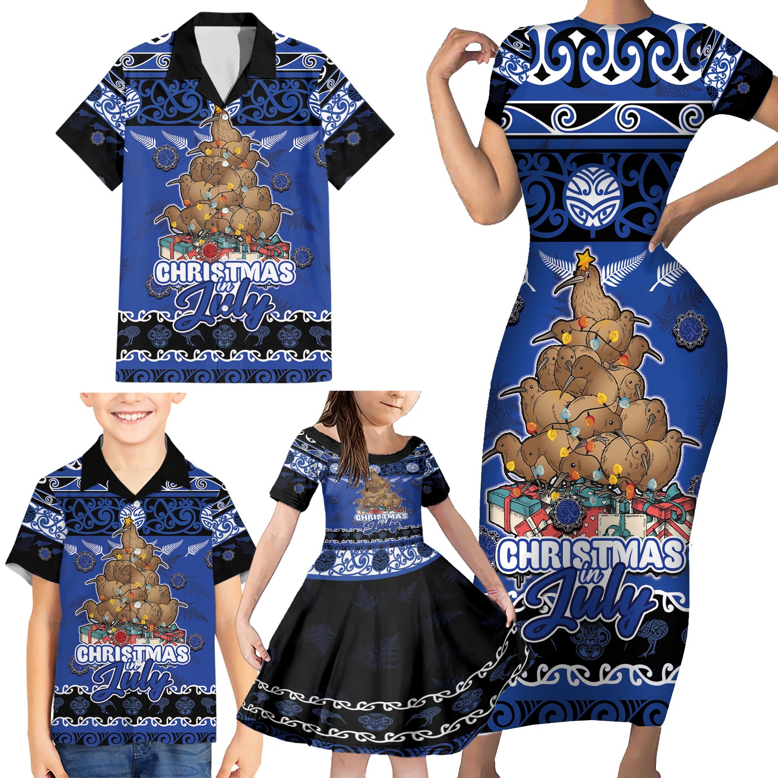 Personalised New Zealand July Christmas Family Matching Short Sleeve Bodycon Dress and Hawaiian Shirt Maori Kiwi Xmas Tree - Blue