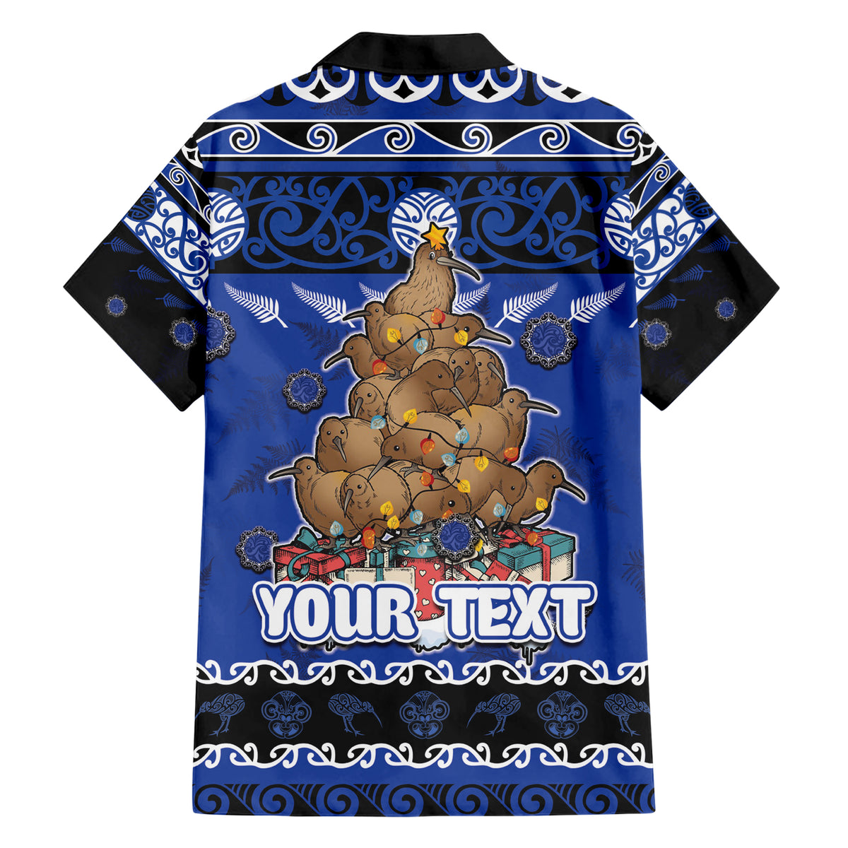 Personalised New Zealand July Christmas Family Matching Short Sleeve Bodycon Dress and Hawaiian Shirt Maori Kiwi Xmas Tree - Blue
