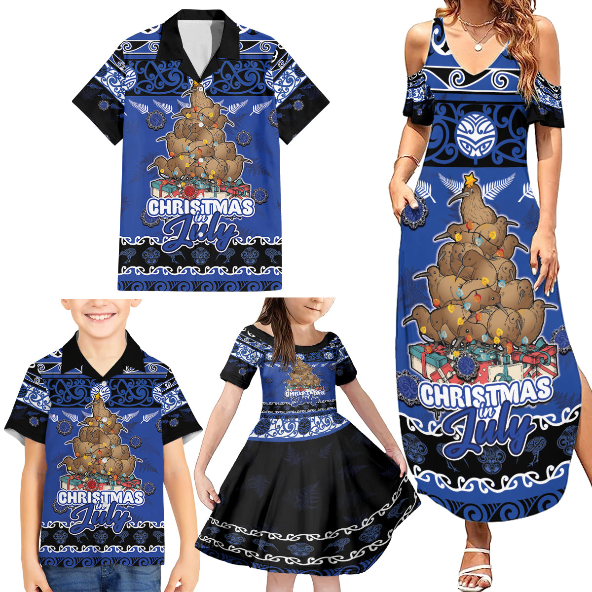 Personalised New Zealand July Christmas Family Matching Summer Maxi Dress and Hawaiian Shirt Maori Kiwi Xmas Tree - Blue LT05 - Polynesian Pride