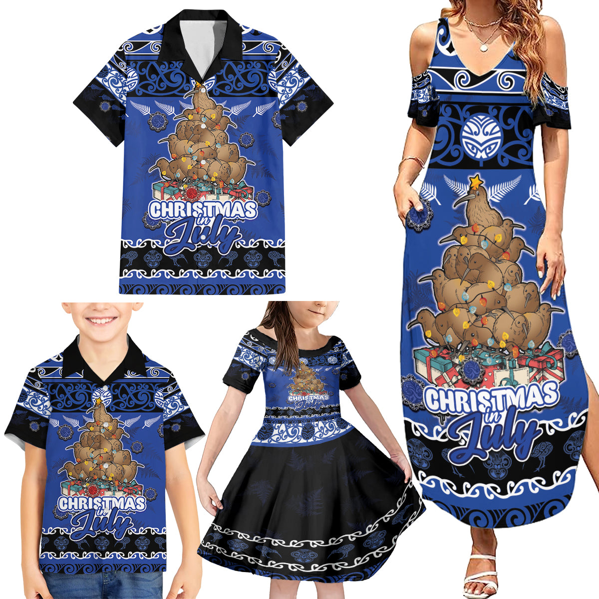 Personalised New Zealand July Christmas Family Matching Summer Maxi Dress and Hawaiian Shirt Maori Kiwi Xmas Tree - Blue