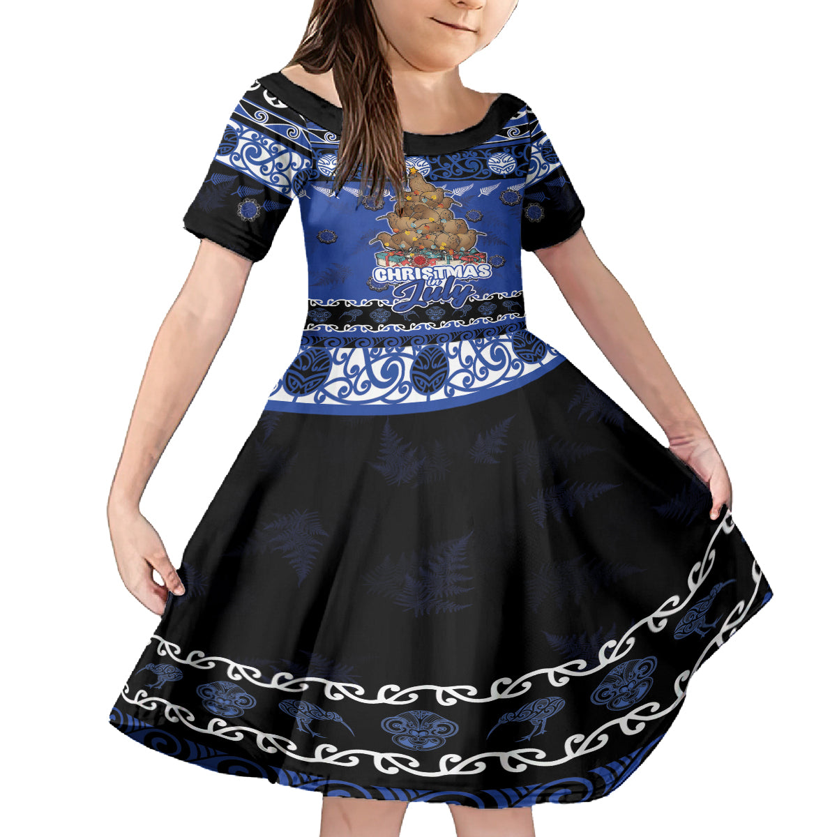 Personalised New Zealand July Christmas Family Matching Tank Maxi Dress and Hawaiian Shirt Maori Kiwi Xmas Tree - Blue