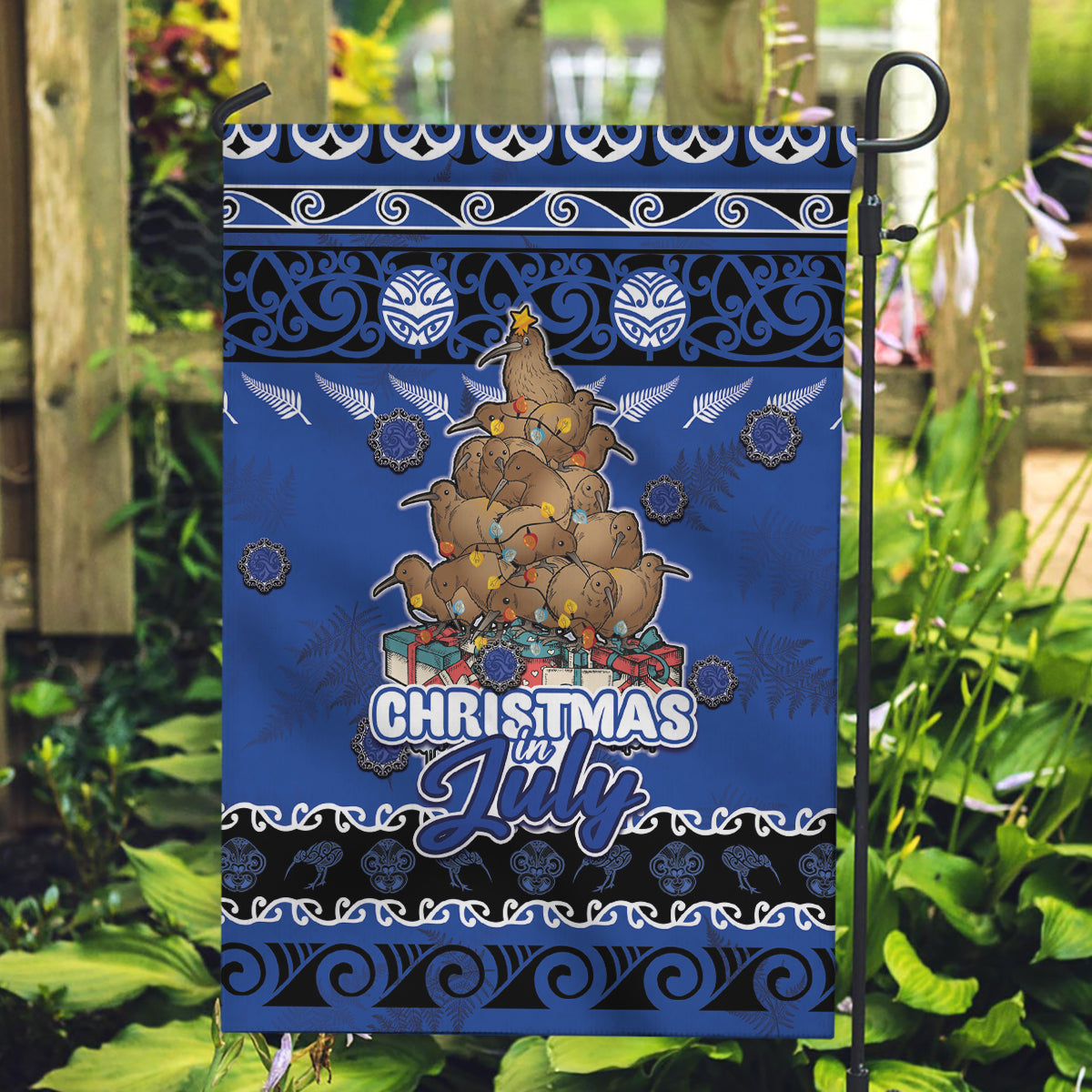 New Zealand July Christmas Garden Flag Maori Kiwi Xmas Tree - Blue