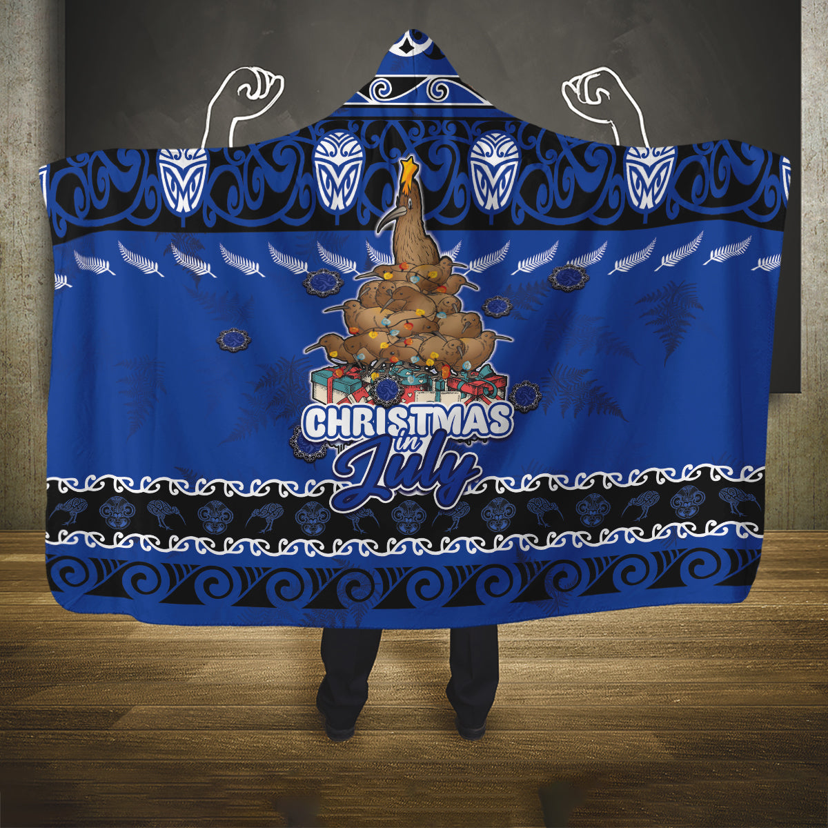 New Zealand July Christmas Hooded Blanket Maori Kiwi Xmas Tree - Blue LT05 One Size Blue - Polynesian Pride