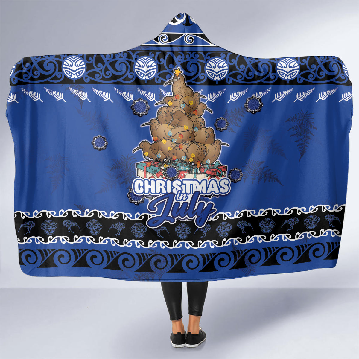 New Zealand July Christmas Hooded Blanket Maori Kiwi Xmas Tree - Blue LT05 - Polynesian Pride