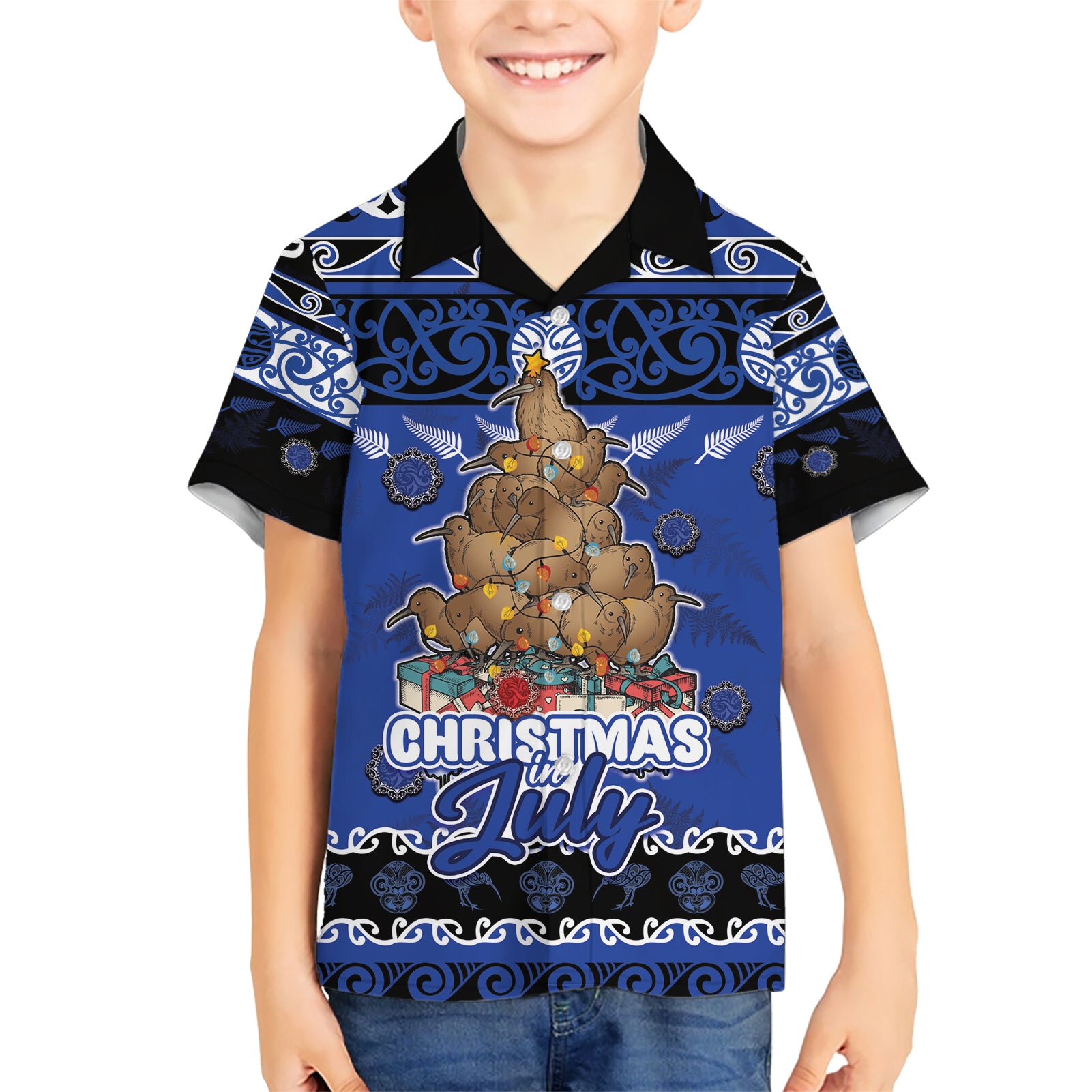 Personalised New Zealand July Christmas Kid Hawaiian Shirt Maori Kiwi Xmas Tree - Blue