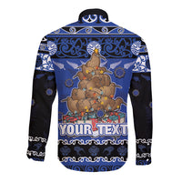 Personalised New Zealand July Christmas Long Sleeve Button Shirt Maori Kiwi Xmas Tree - Blue