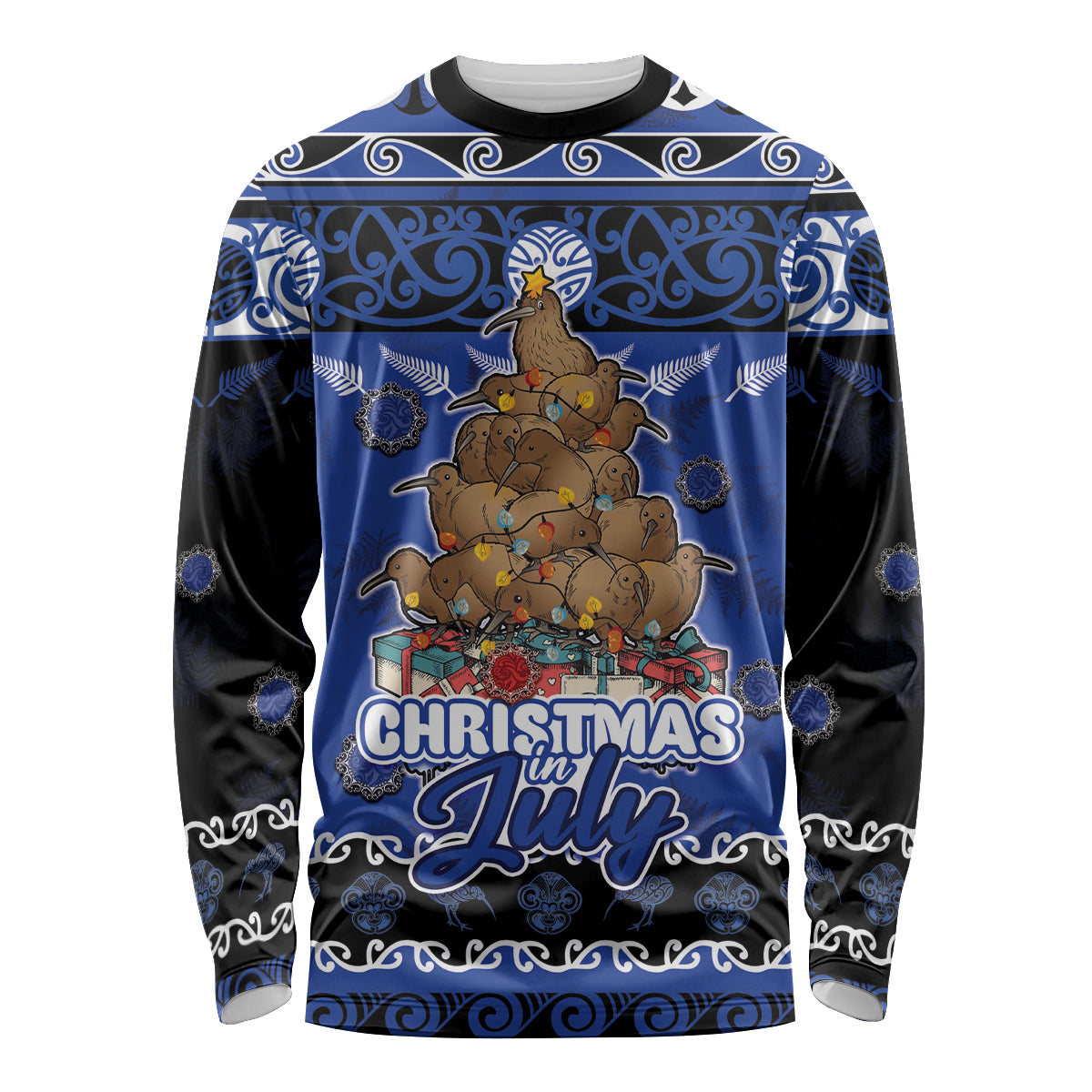 Personalised New Zealand July Christmas Long Sleeve Shirt Maori Kiwi Xmas Tree - Blue