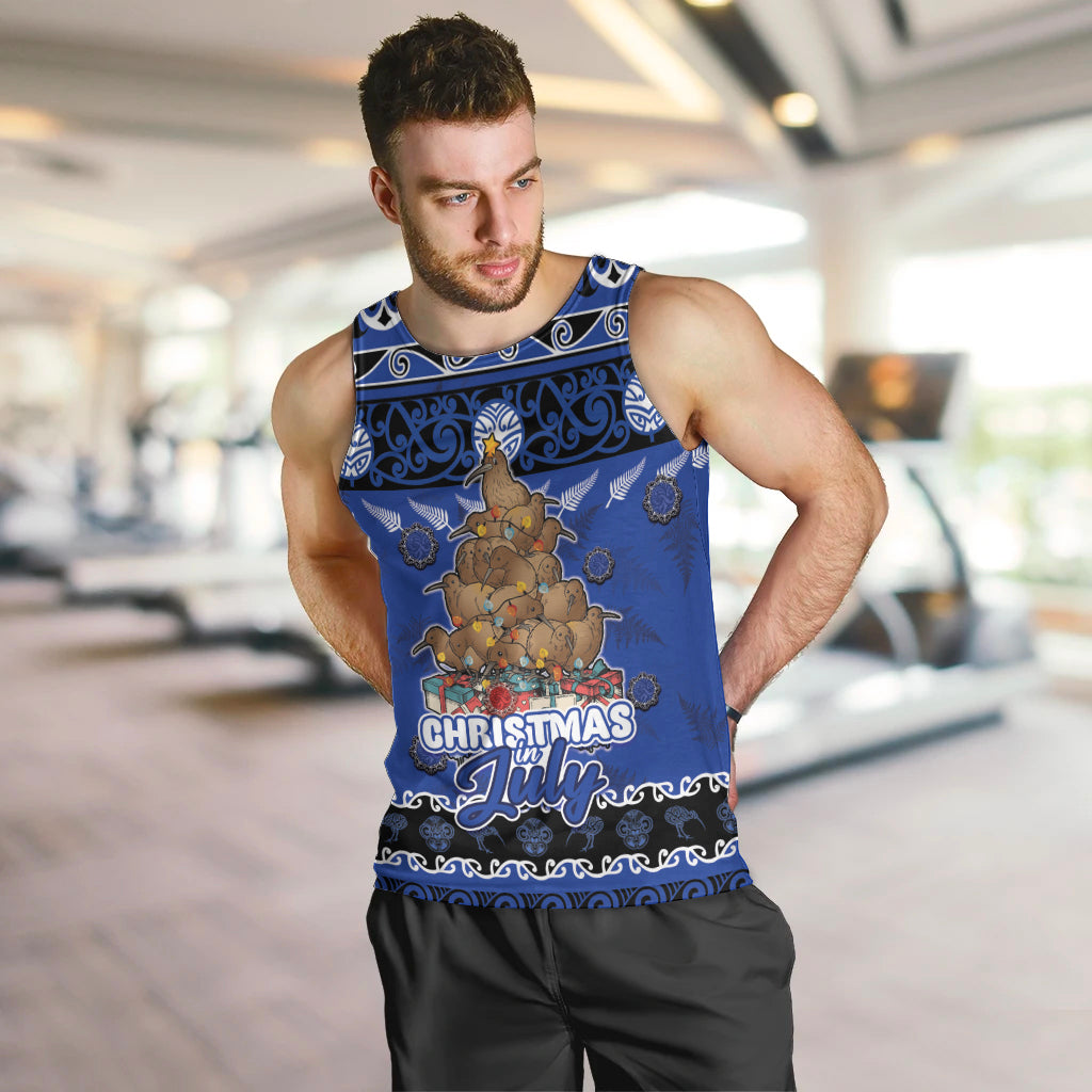 Personalised New Zealand July Christmas Men Tank Top Maori Kiwi Xmas Tree - Blue