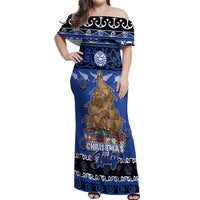 Personalised New Zealand July Christmas Off Shoulder Maxi Dress Maori Kiwi Xmas Tree - Blue