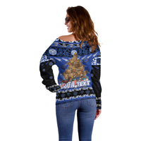 Personalised New Zealand July Christmas Off Shoulder Sweater Maori Kiwi Xmas Tree - Blue
