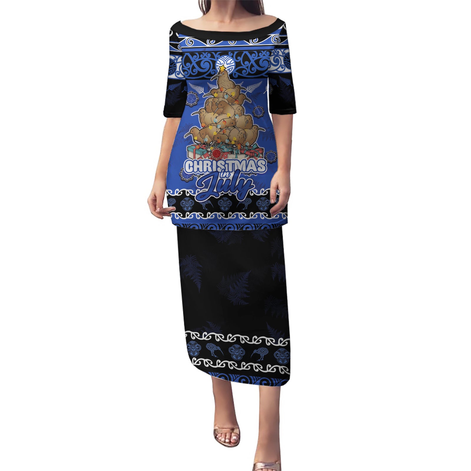 Personalised New Zealand July Christmas Puletasi Maori Kiwi Xmas Tree - Blue LT05 Long Dress Blue - Polynesian Pride