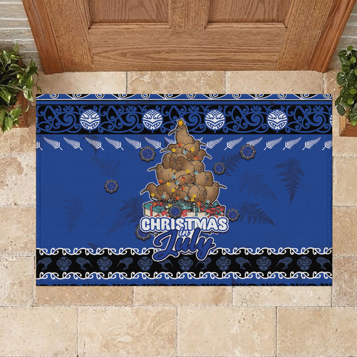 New Zealand July Christmas Rubber Doormat Maori Kiwi Xmas Tree - Blue LT05 - Polynesian Pride