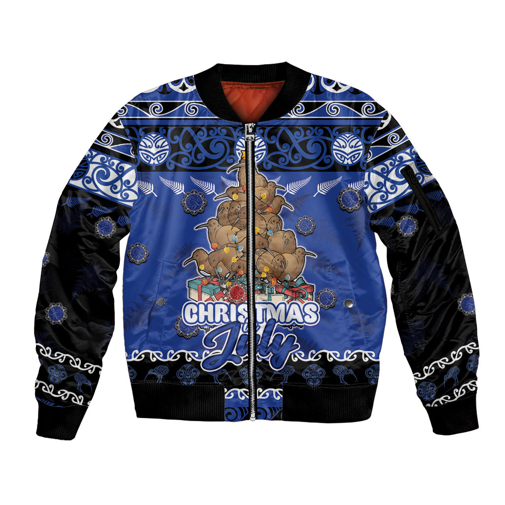 Personalised New Zealand July Christmas Sleeve Zip Bomber Jacket Maori Kiwi Xmas Tree - Blue LT05 Unisex Blue - Polynesian Pride