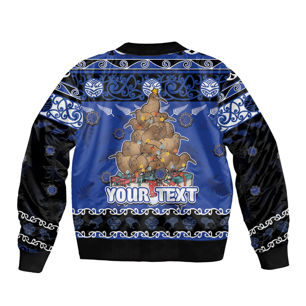 Personalised New Zealand July Christmas Sleeve Zip Bomber Jacket Maori Kiwi Xmas Tree - Blue LT05 - Polynesian Pride