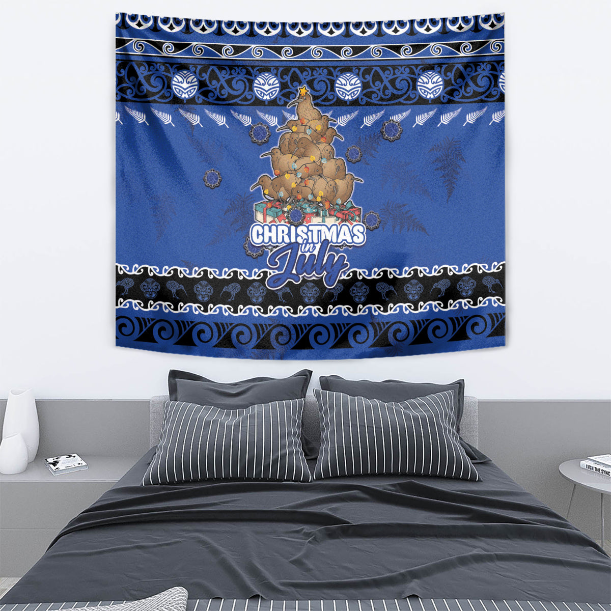 New Zealand July Christmas Tapestry Maori Kiwi Xmas Tree - Blue LT05 - Polynesian Pride