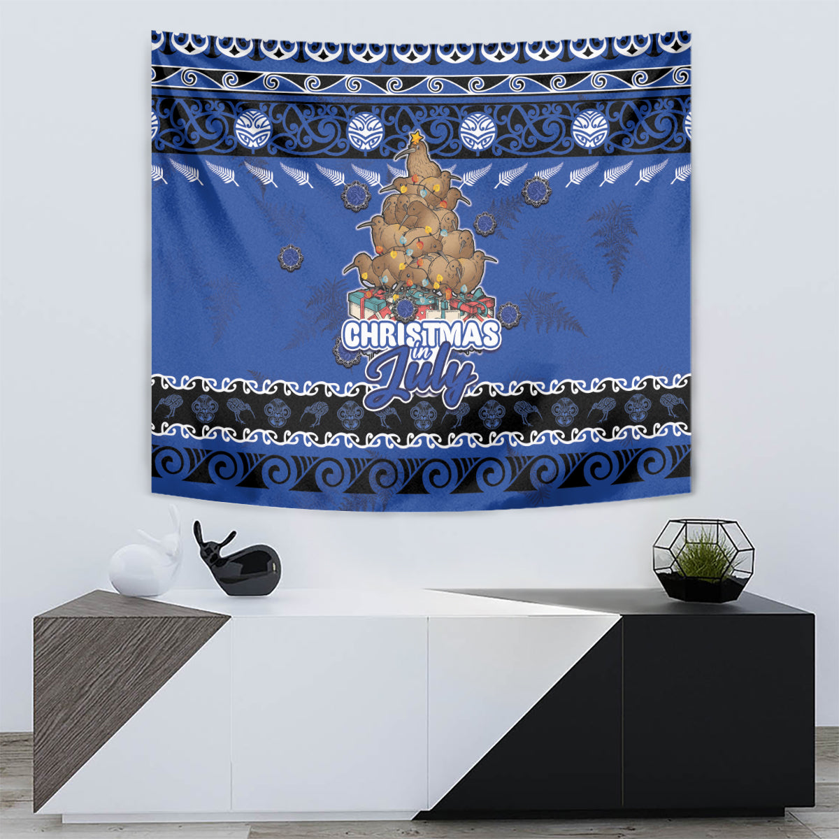 New Zealand July Christmas Tapestry Maori Kiwi Xmas Tree - Blue LT05 - Polynesian Pride