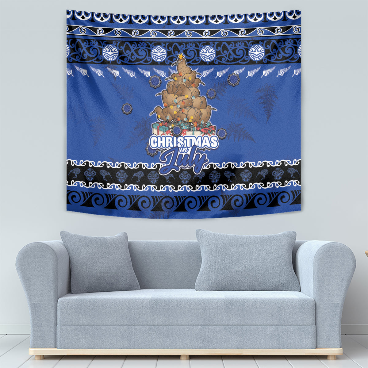 New Zealand July Christmas Tapestry Maori Kiwi Xmas Tree - Blue LT05 - Polynesian Pride