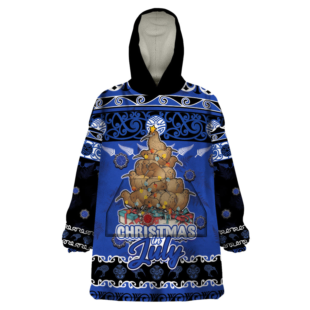 Personalised New Zealand July Christmas Wearable Blanket Hoodie Maori Kiwi Xmas Tree - Blue