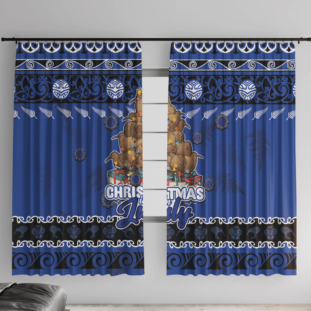 New Zealand July Christmas Window Curtain Maori Kiwi Xmas Tree - Blue LT05 With Hooks Blue - Polynesian Pride