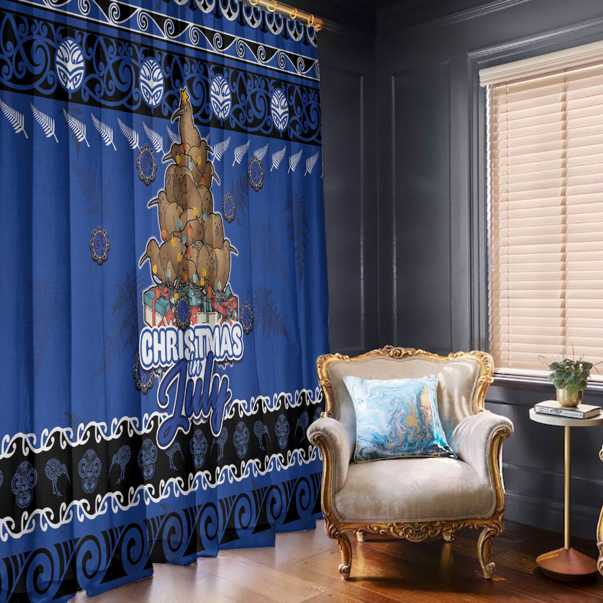 New Zealand July Christmas Window Curtain Maori Kiwi Xmas Tree - Blue LT05 - Polynesian Pride
