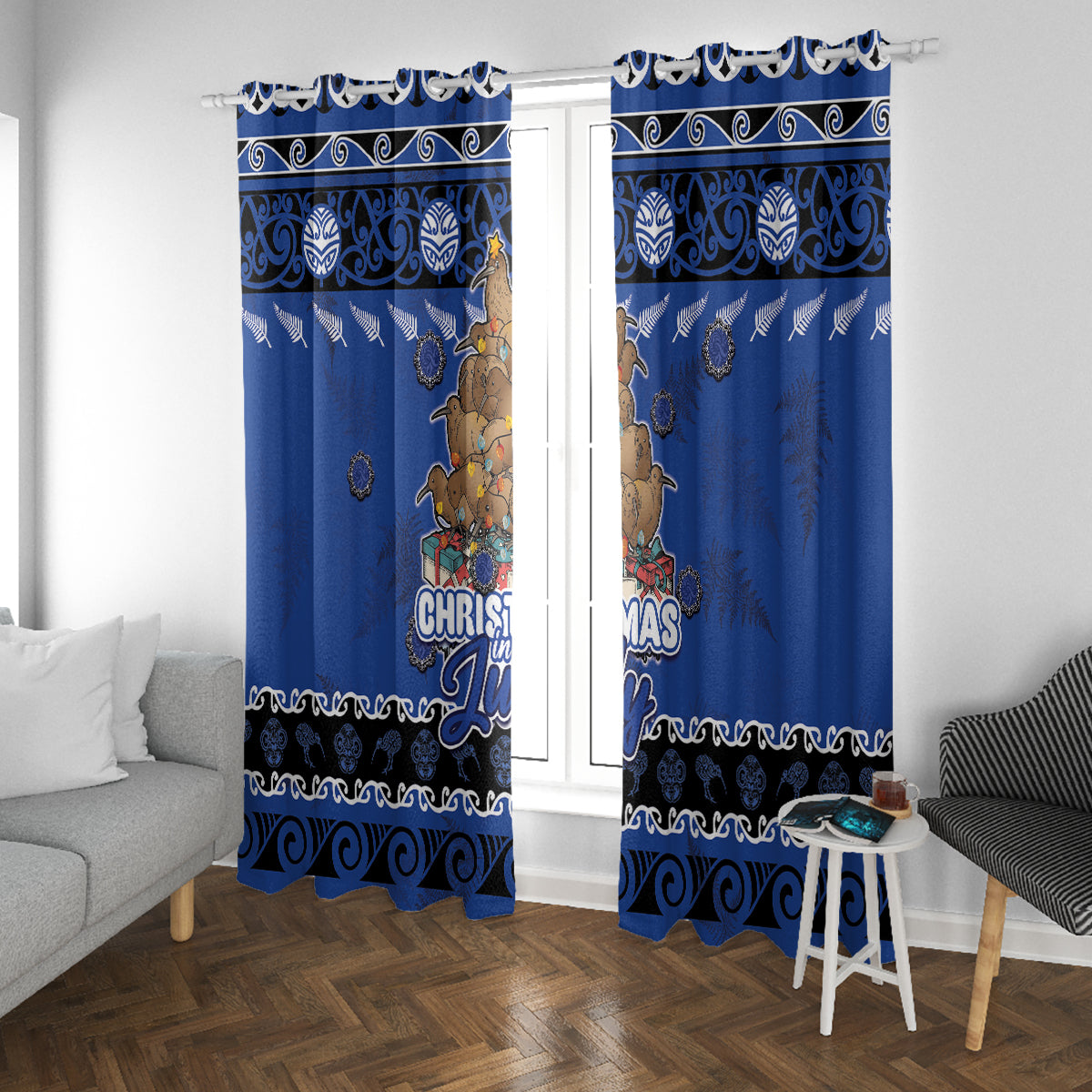 New Zealand July Christmas Window Curtain Maori Kiwi Xmas Tree - Blue LT05 With Grommets Blue - Polynesian Pride