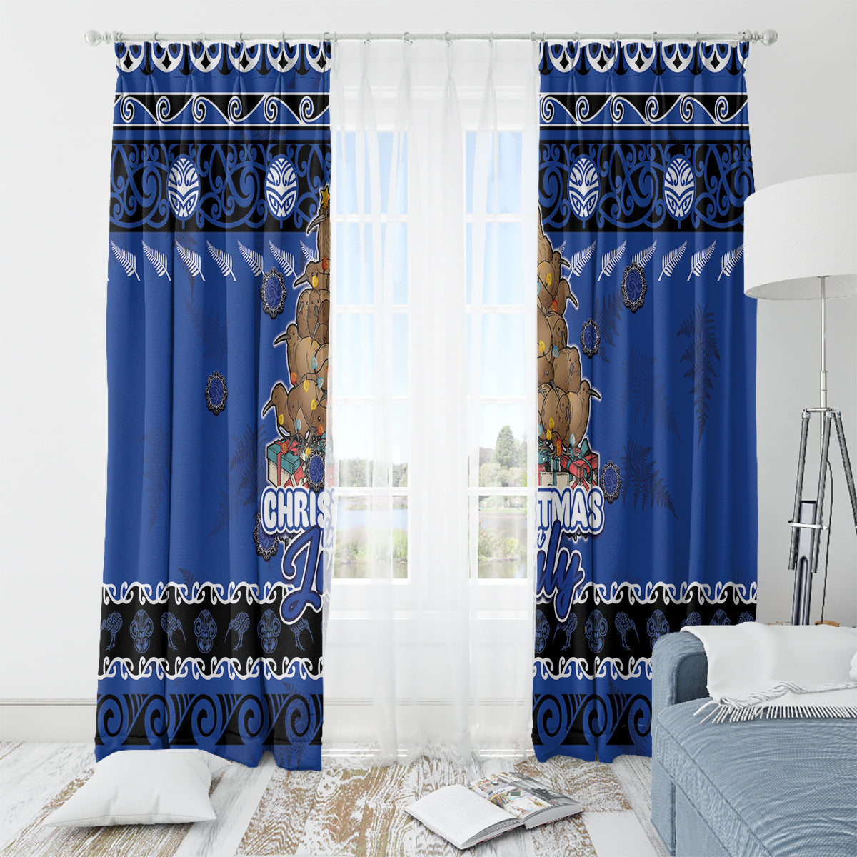 New Zealand July Christmas Window Curtain Maori Kiwi Xmas Tree - Blue LT05 - Polynesian Pride