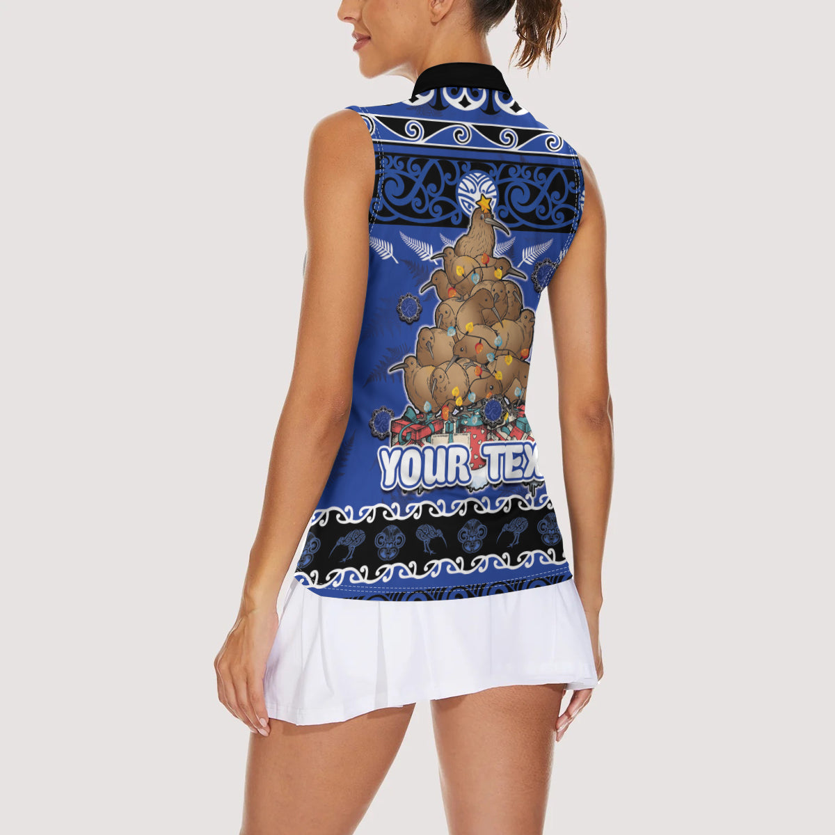Personalised New Zealand July Christmas Women Sleeveless Polo Shirt Maori Kiwi Xmas Tree - Blue