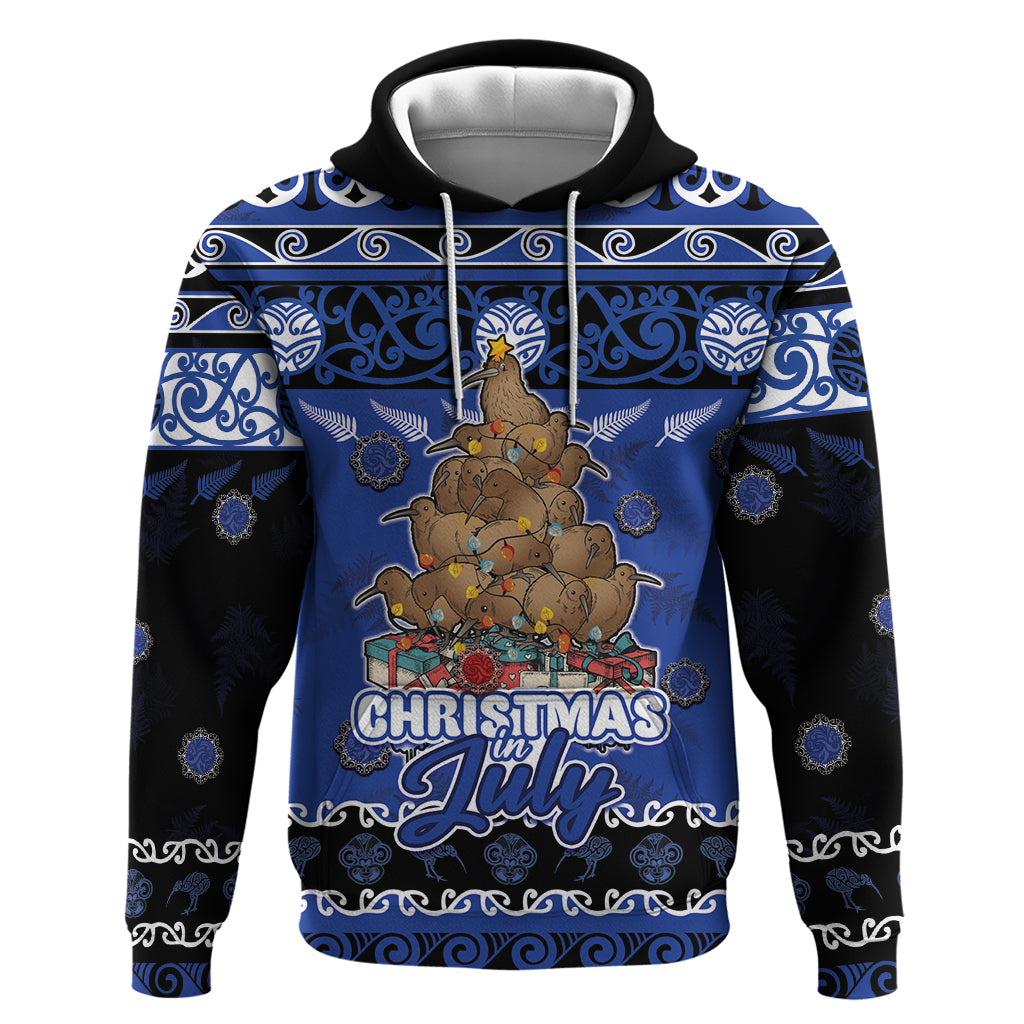 Personalised New Zealand July Christmas Zip Hoodie Maori Kiwi Xmas Tree - Blue