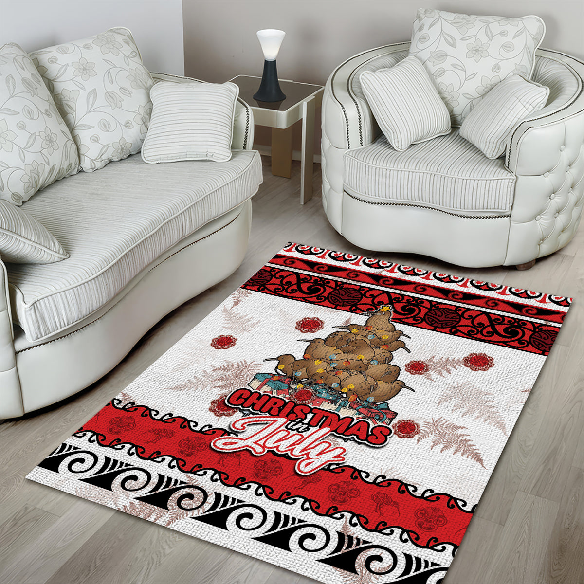 New Zealand July Christmas Area Rug Maori Kiwi Xmas Tree - White