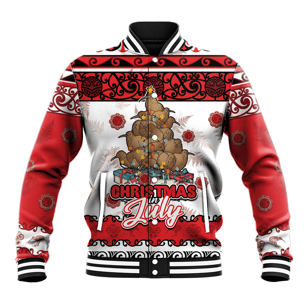 Personalised New Zealand July Christmas Baseball Jacket Maori Kiwi Xmas Tree - White LT05 Unisex White - Polynesian Pride