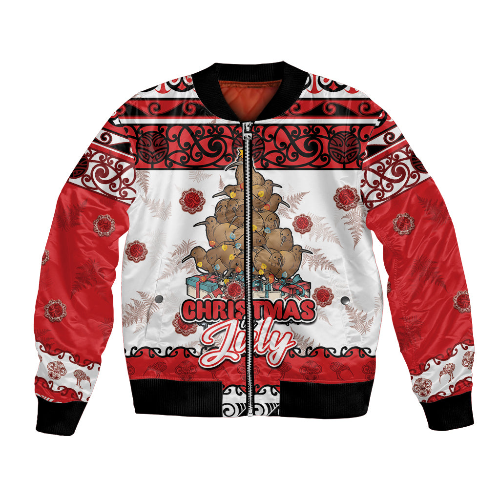 Personalised New Zealand July Christmas Bomber Jacket Maori Kiwi Xmas Tree - White LT05 Unisex White - Polynesian Pride