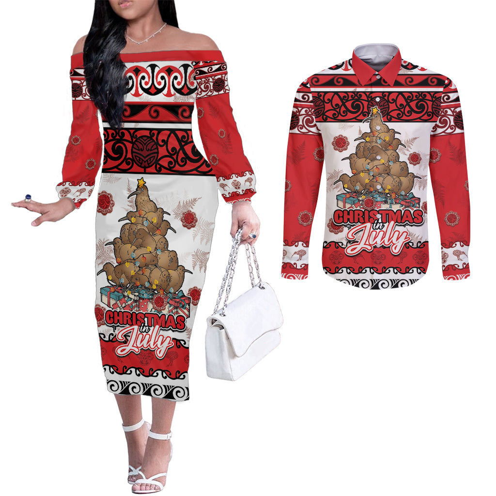 Personalised New Zealand July Christmas Couples Matching Off The Shoulder Long Sleeve Dress and Long Sleeve Button Shirt Maori Kiwi Xmas Tree - White LT05 White - Polynesian Pride