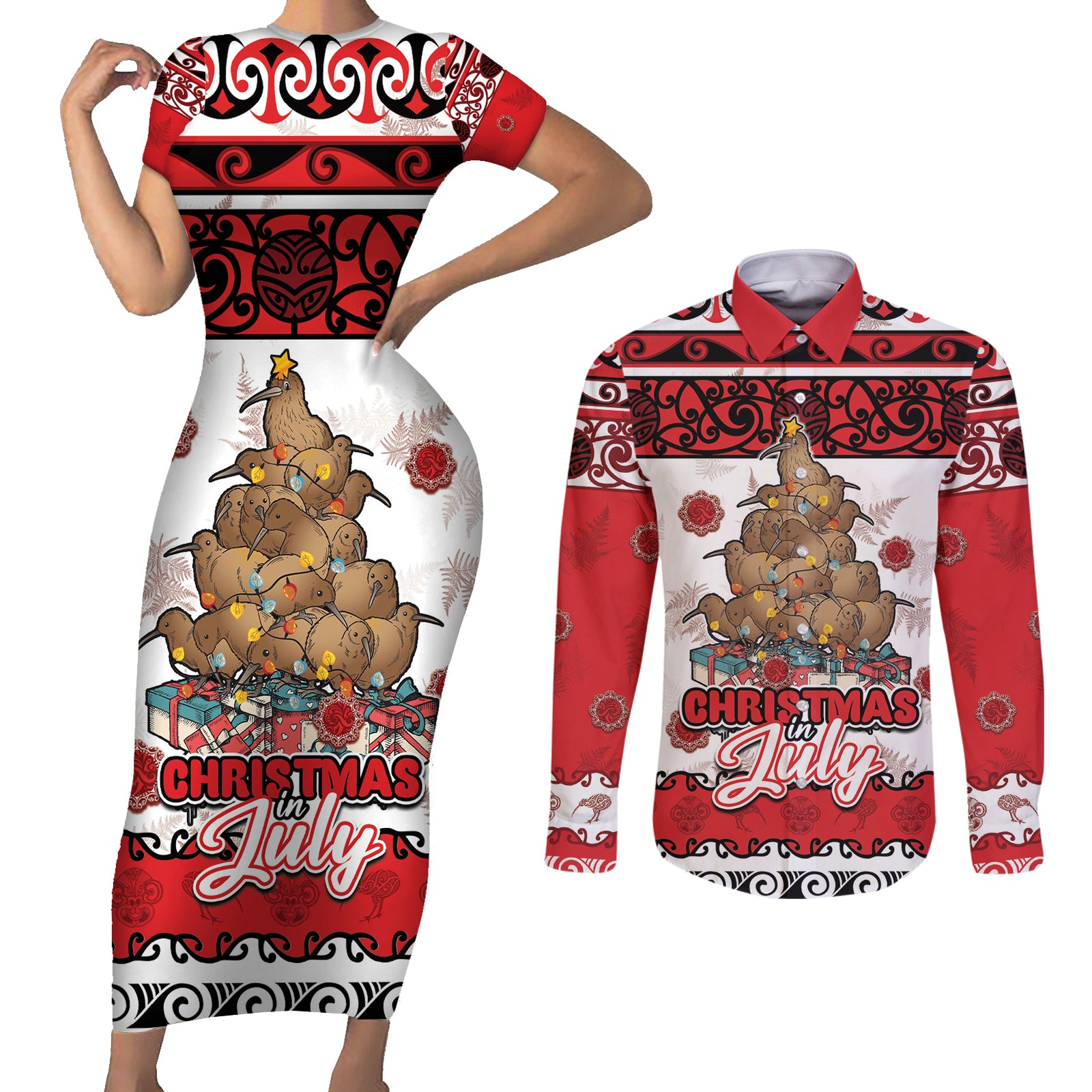 Personalised New Zealand July Christmas Couples Matching Short Sleeve Bodycon Dress and Long Sleeve Button Shirt Maori Kiwi Xmas Tree - White LT05 White - Polynesian Pride