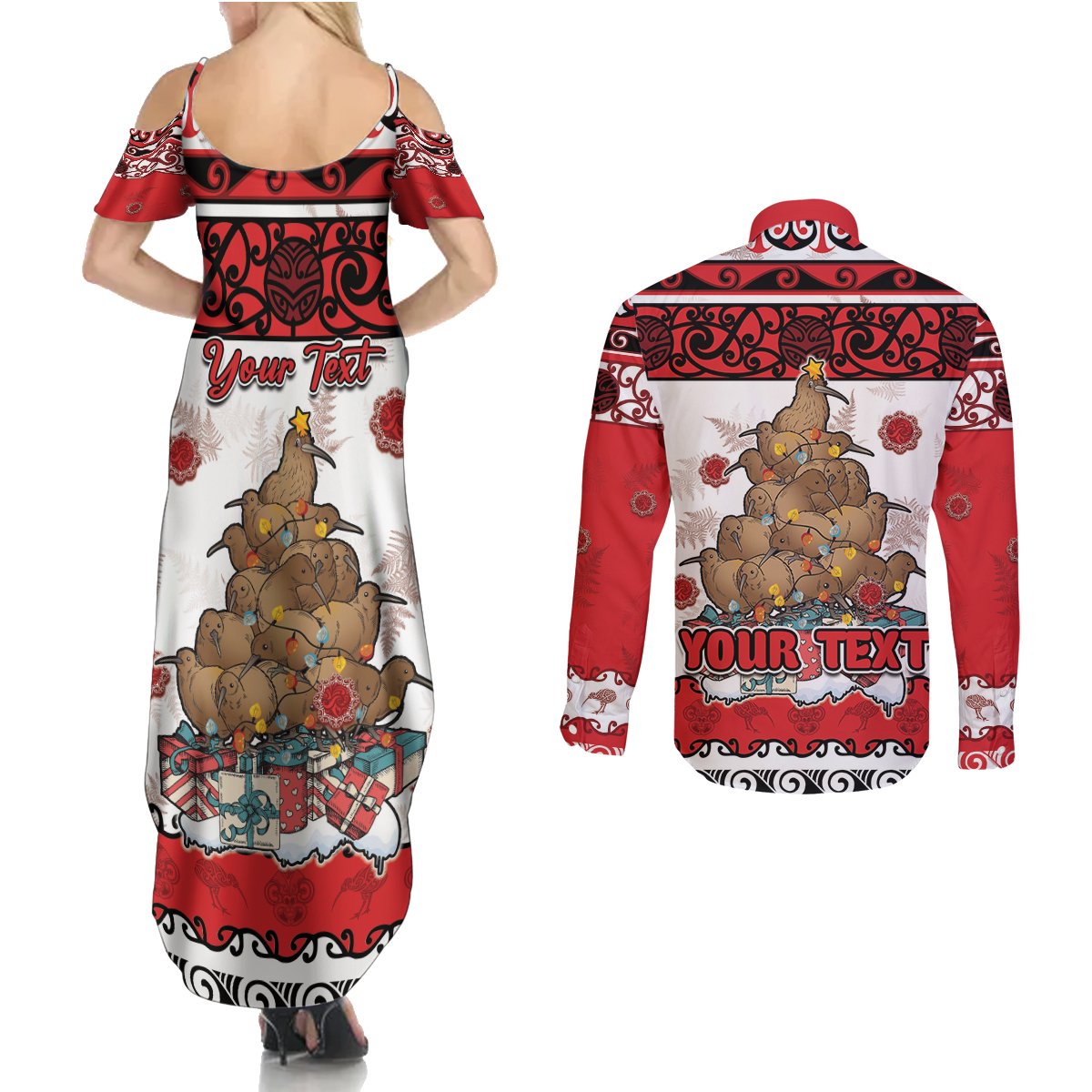 Personalised New Zealand July Christmas Couples Matching Summer Maxi Dress and Long Sleeve Button Shirt Maori Kiwi Xmas Tree - White