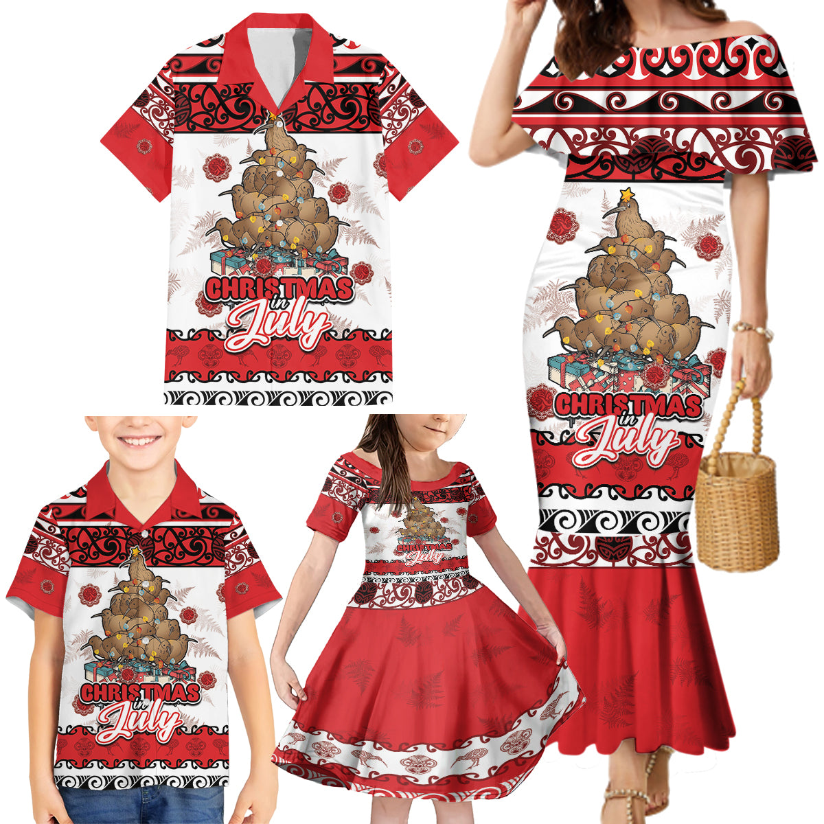 Personalised New Zealand July Christmas Family Matching Mermaid Dress and Hawaiian Shirt Maori Kiwi Xmas Tree - White LT05 - Polynesian Pride