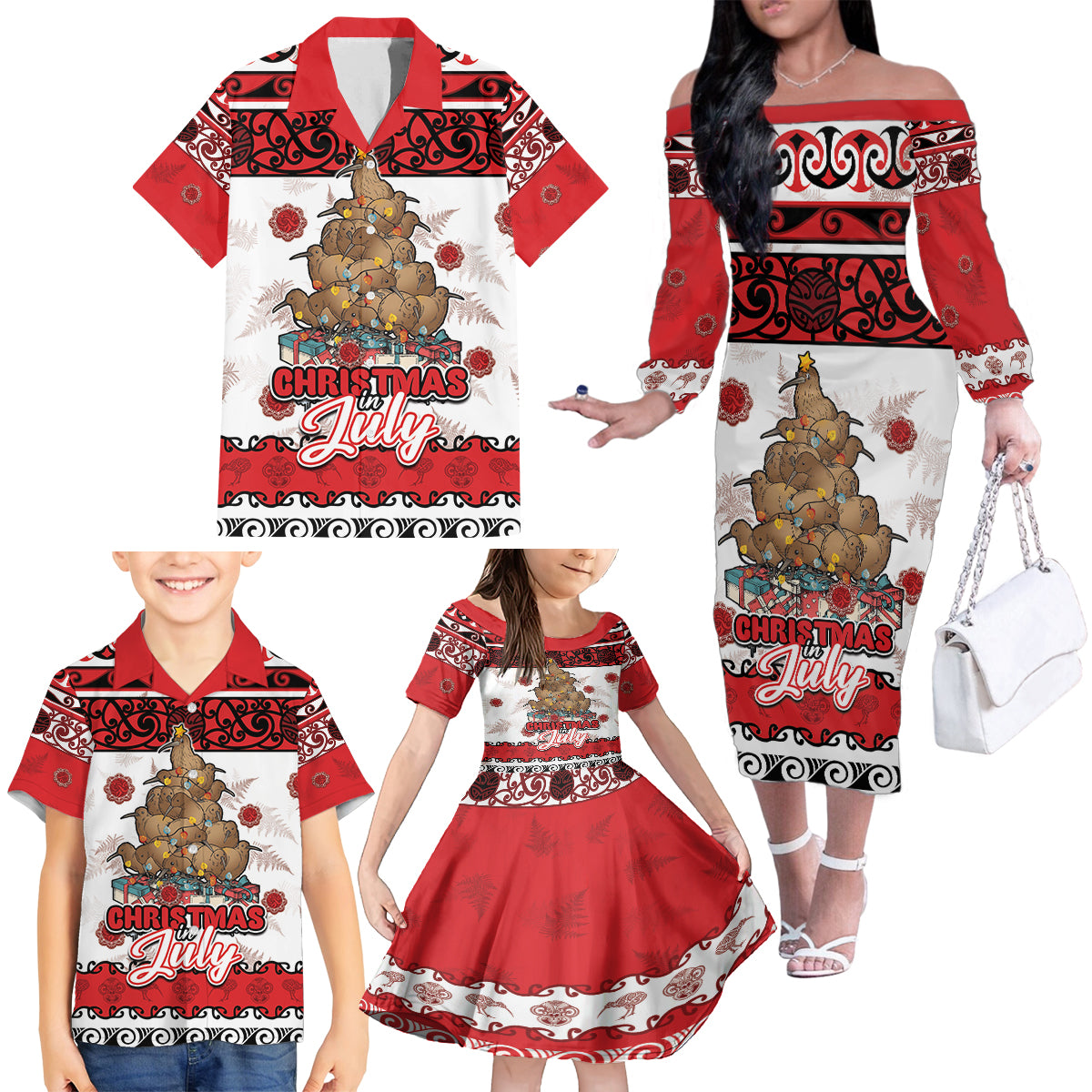 Personalised New Zealand July Christmas Family Matching Off The Shoulder Long Sleeve Dress and Hawaiian Shirt Maori Kiwi Xmas Tree - White