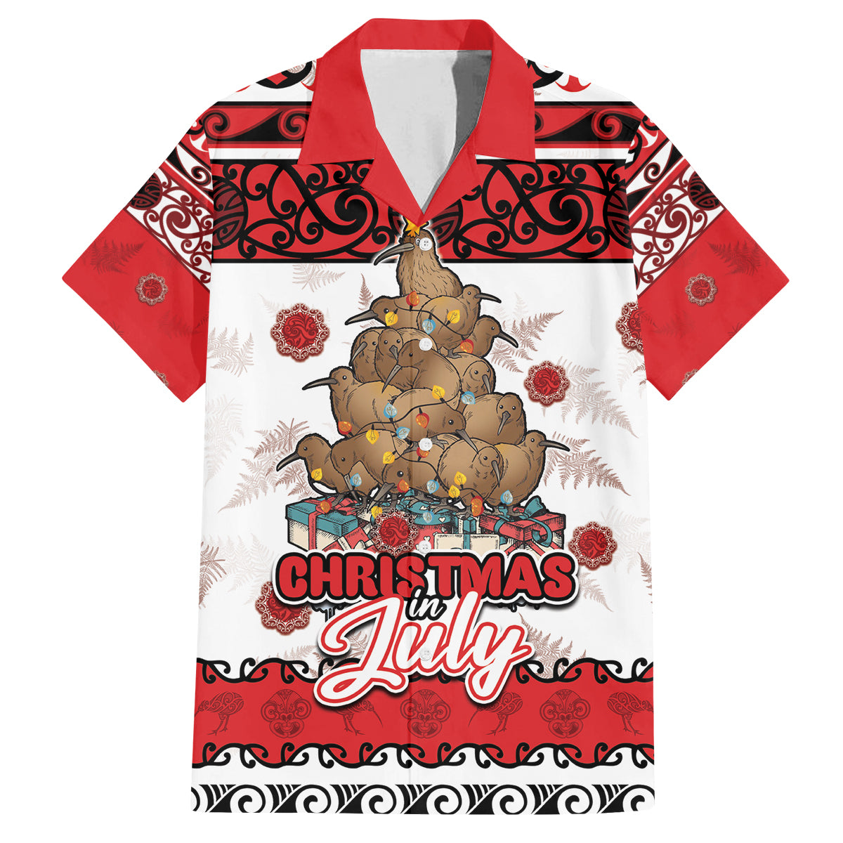 Personalised New Zealand July Christmas Family Matching Off The Shoulder Long Sleeve Dress and Hawaiian Shirt Maori Kiwi Xmas Tree - White