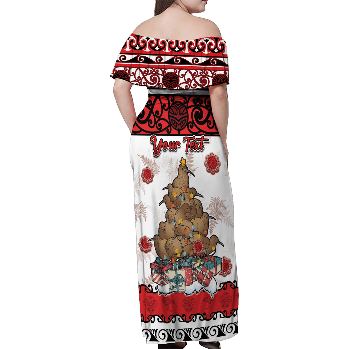 Personalised New Zealand July Christmas Family Matching Off Shoulder Maxi Dress and Hawaiian Shirt Maori Kiwi Xmas Tree - White