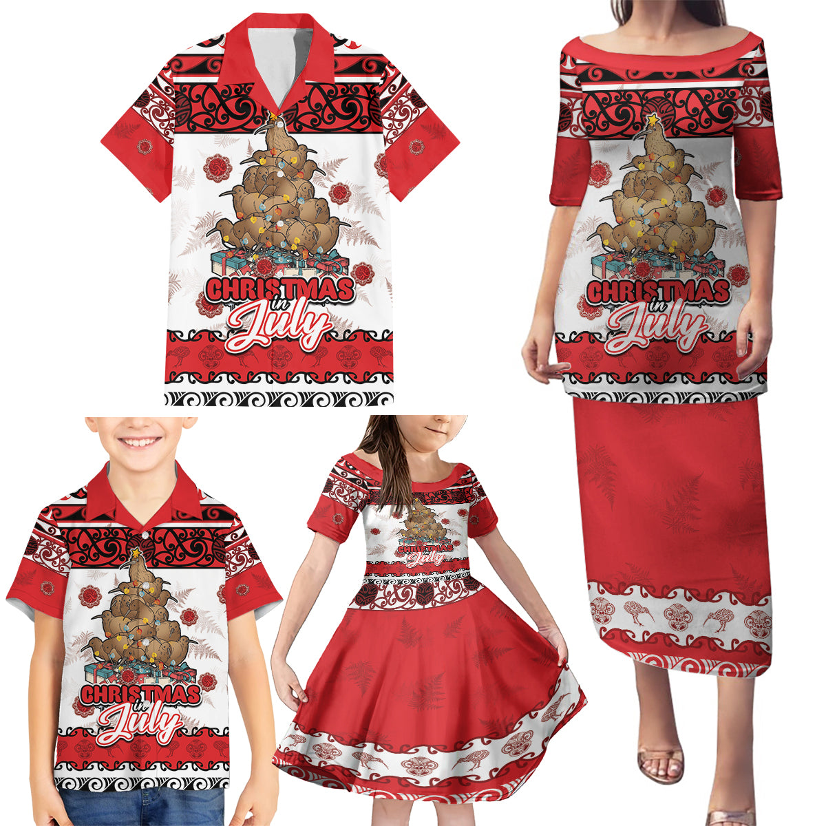 Personalised New Zealand July Christmas Family Matching Puletasi and Hawaiian Shirt Maori Kiwi Xmas Tree - White LT05 - Polynesian Pride