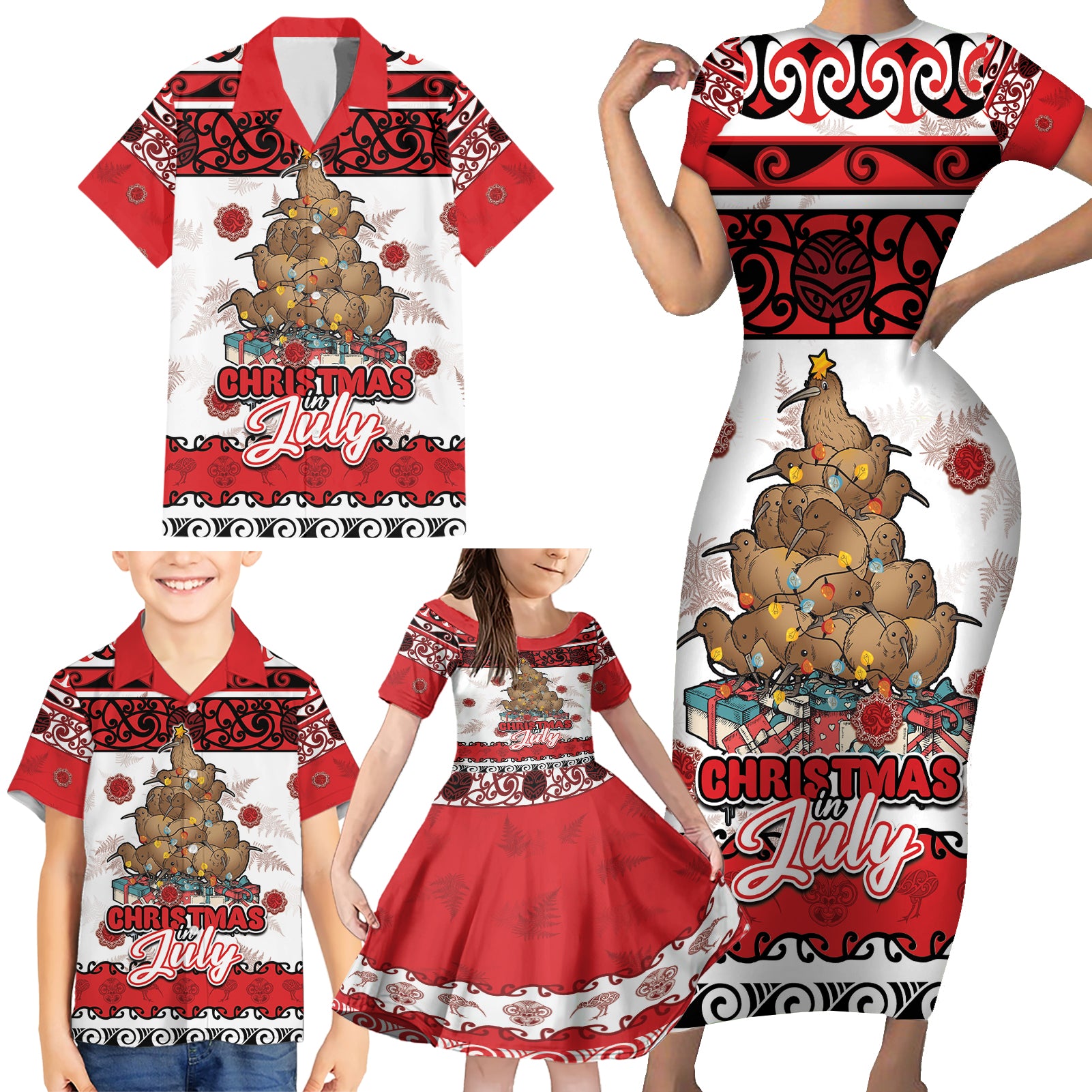 Personalised New Zealand July Christmas Family Matching Short Sleeve Bodycon Dress and Hawaiian Shirt Maori Kiwi Xmas Tree - White