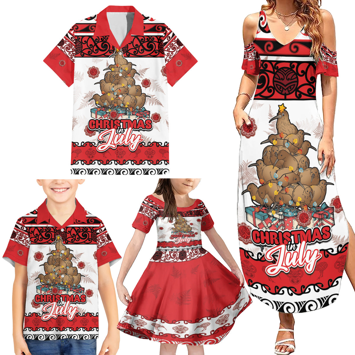 Personalised New Zealand July Christmas Family Matching Summer Maxi Dress and Hawaiian Shirt Maori Kiwi Xmas Tree - White LT05 - Polynesian Pride