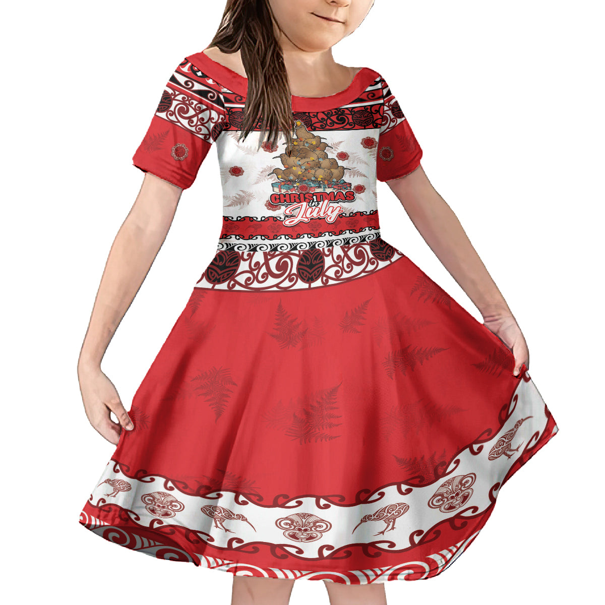 Personalised New Zealand July Christmas Family Matching Tank Maxi Dress and Hawaiian Shirt Maori Kiwi Xmas Tree - White