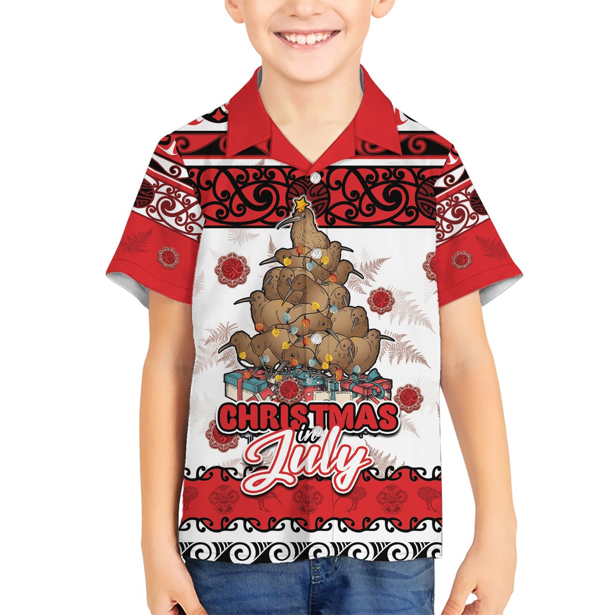 Personalised New Zealand July Christmas Hawaiian Shirt Maori Kiwi Xmas Tree - White LT05 - Polynesian Pride