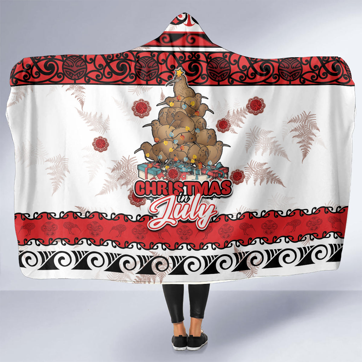 New Zealand July Christmas Hooded Blanket Maori Kiwi Xmas Tree - White LT05 - Polynesian Pride