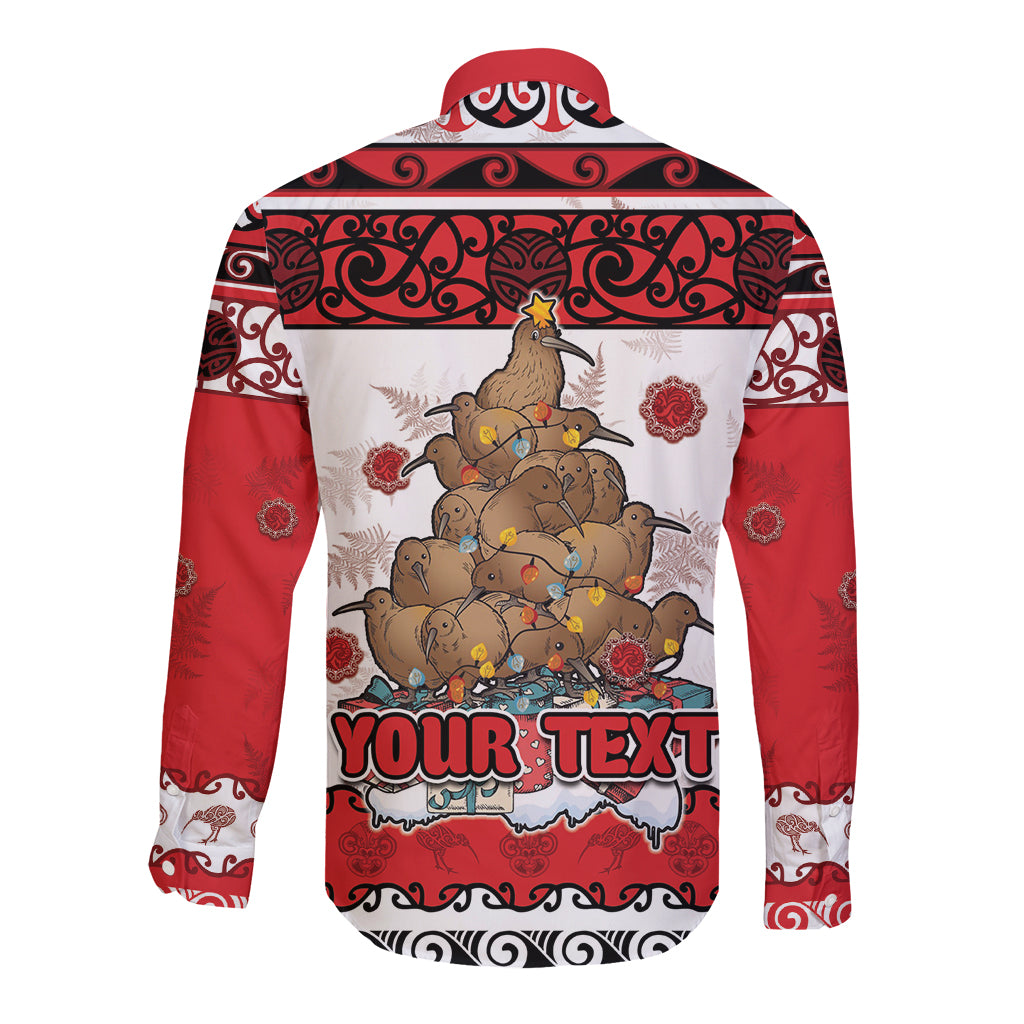 Personalised New Zealand July Christmas Long Sleeve Button Shirt Maori Kiwi Xmas Tree - White