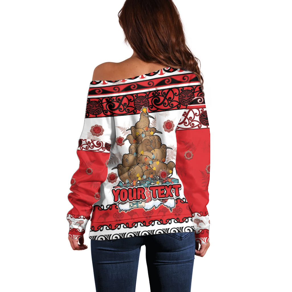 Personalised New Zealand July Christmas Off Shoulder Sweater Maori Kiwi Xmas Tree - White