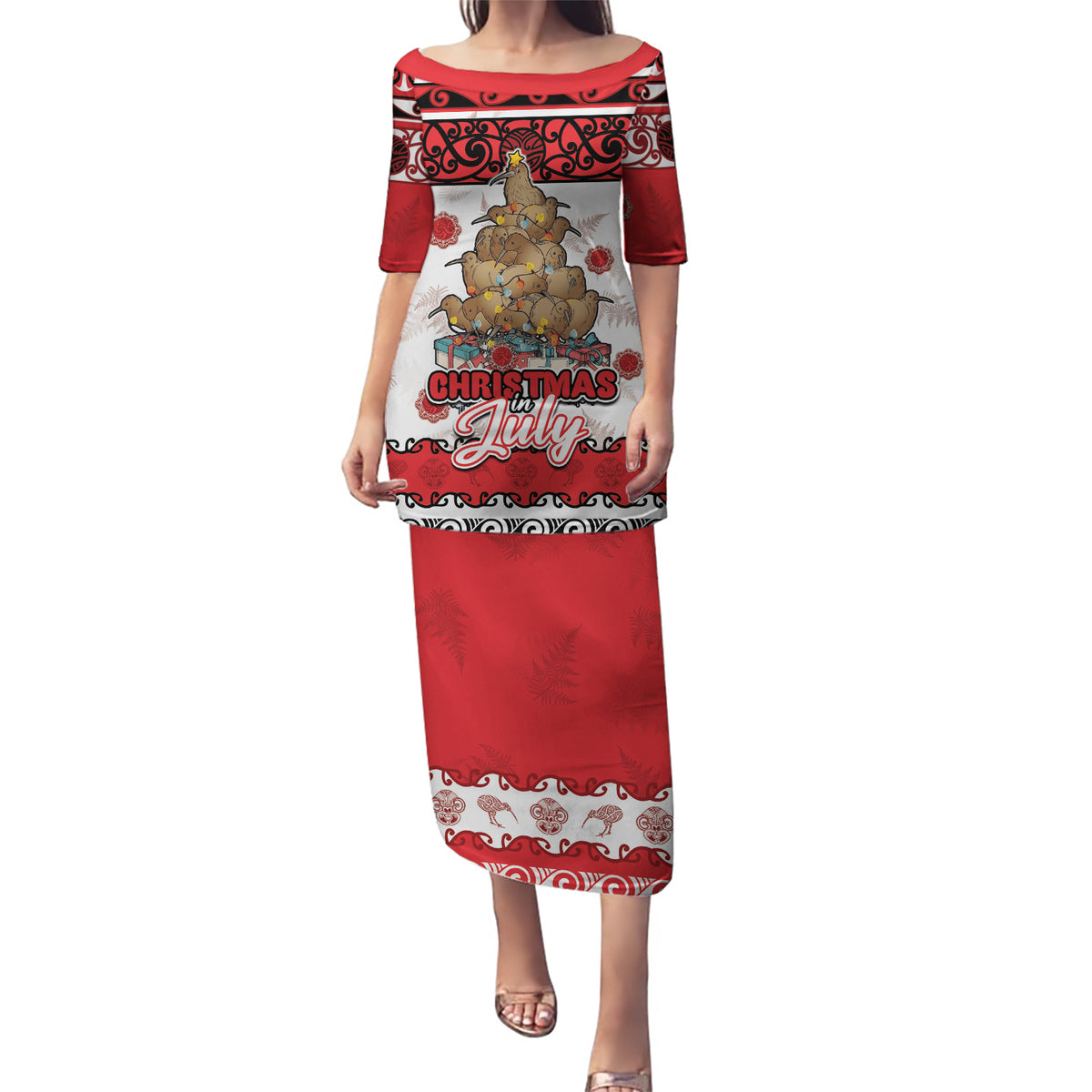 Personalised New Zealand July Christmas Puletasi Maori Kiwi Xmas Tree - White LT05 Long Dress White - Polynesian Pride